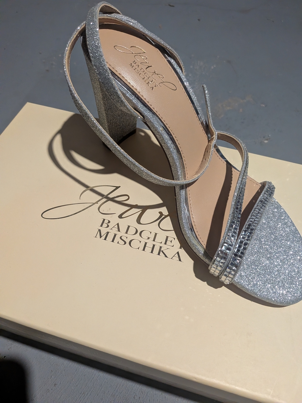 Badgley Mischka Silver Glitter Crystal-Strap Block Heels